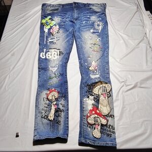 Smoke Rise  Graphic Butterfly, Mushroom Distressed  Men Jeans Size 40X32